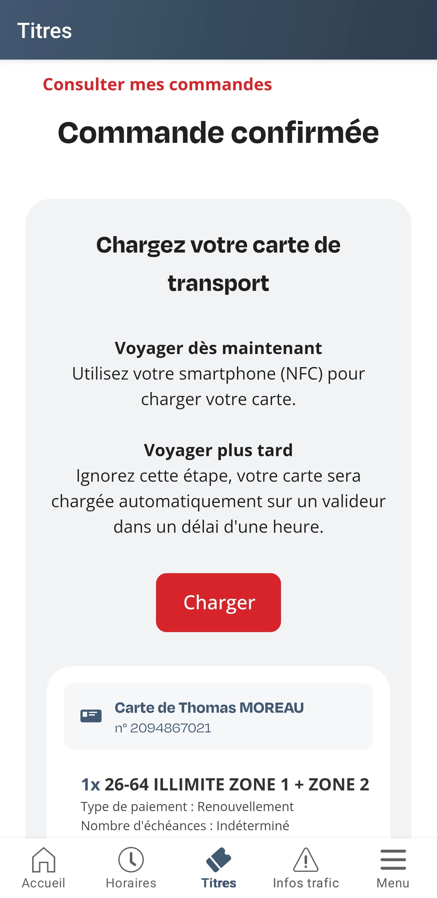 Capture d'écran de ce que vous devez voir sur votre téléphone "Chargez votre carte de transport"