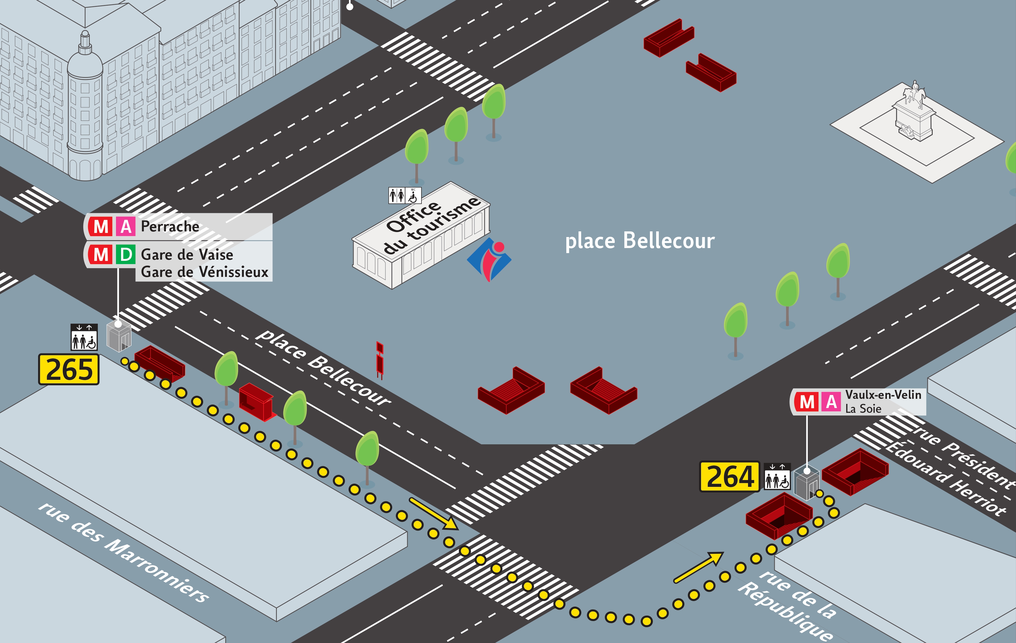 Plan pour rejoindre le métro A direction Vaulx-en-Velin La Soie